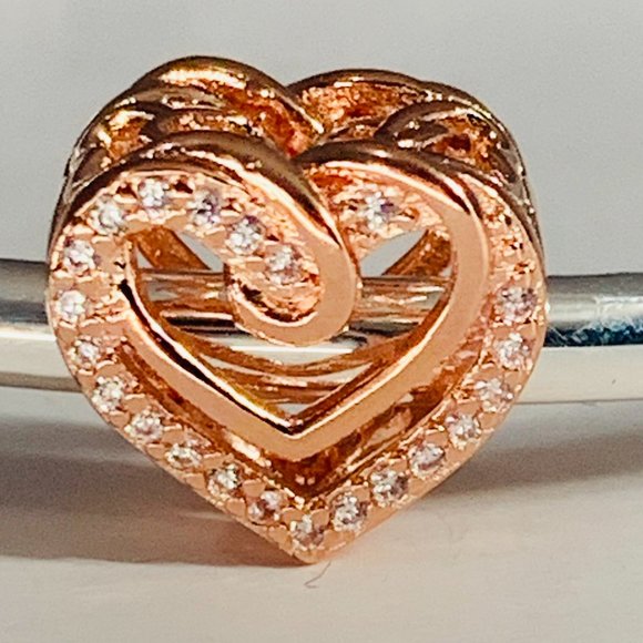 NEWAUTHENTIC PANDORA ROSE GOLD SPARKLING ENTWINED HEARTS CHARM #789270C01 - Picture 1 of 8